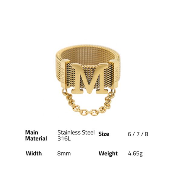 Chris April fashion jewelry 316L stainless steel PVD gold plated Net-knitted chain wide version M letter rings - Image 6