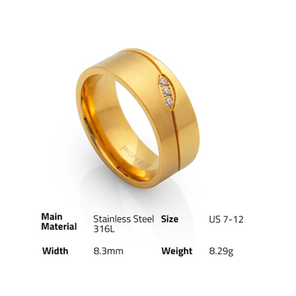 Chris April in stock fashion jewellery PVD gold plated 316L stainless steel men band ring with zircon - Image 6