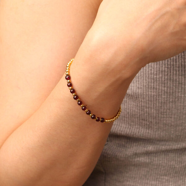 Chris April trendy jewelry 316L stainless steel 18k PVD gold plated garnet natural gem elcastic string bracelet - Image 5