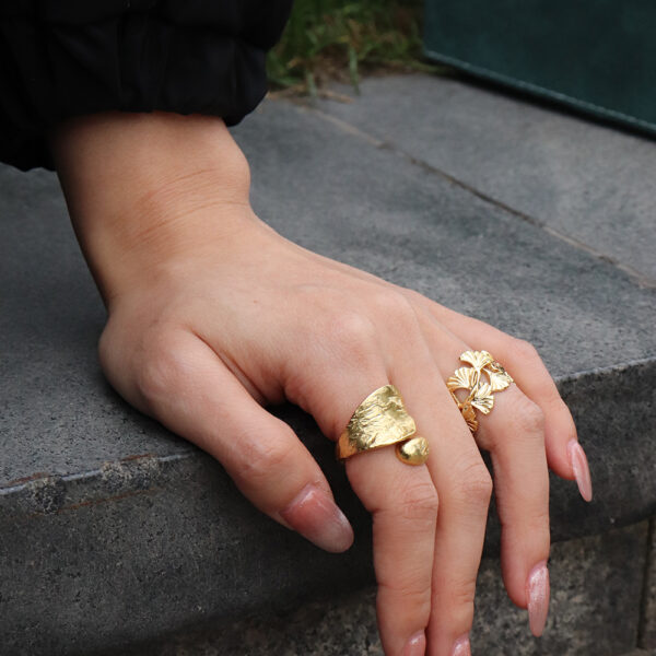 Chris april  in stock925 sterling silver gold plated adjustable Ginkgo biloba leaf band ring - Image 3