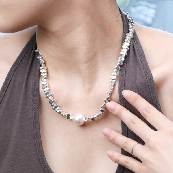 Chris April chunky jewelry 316L stainless steel PVD gold plated ore crushed stone shell pearl chain necklace - Image 5