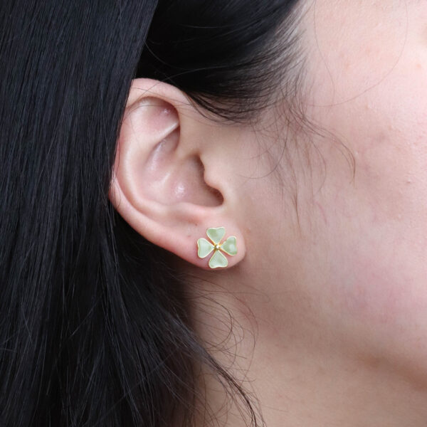 Chris April fine jewelry 18k gold plated  925 Sterling Silver cute lucky four leaf clover green enamel stud earrings - Image 3