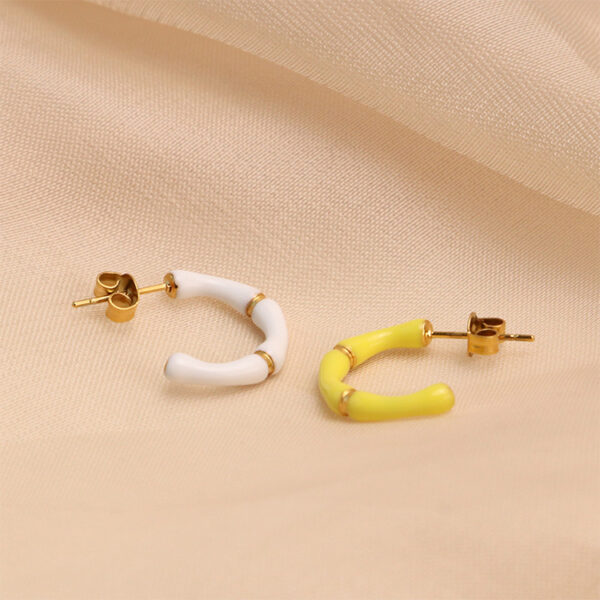 Chris April 316L stainless steel PVD plated gold enamel coating C shape bamboo hoops earring - Image 6