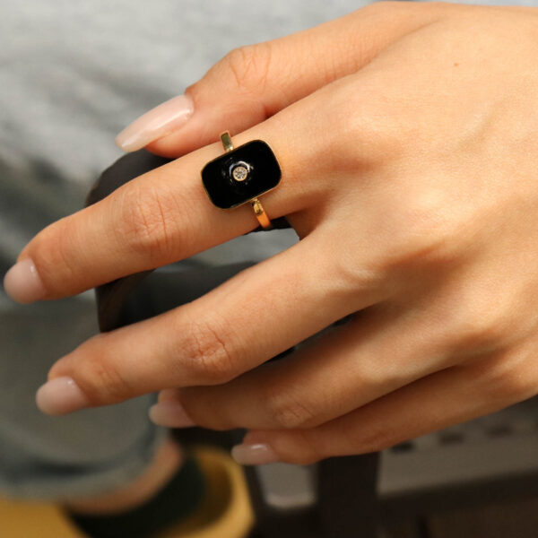 Chris April in stock dainty jewelry PVD gold plated 316L stainless steel black enamel ring  with zircon - Image 5