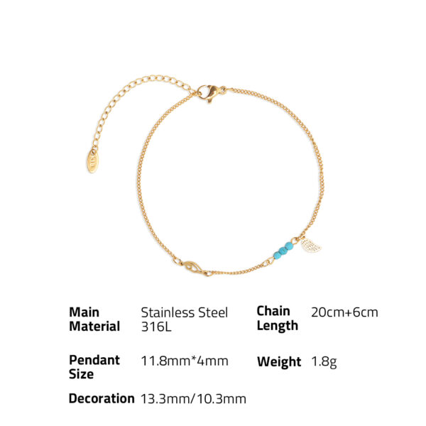 Chris April Anti-tarnish 316L stainless steel 18k PVD gold plated turquoise blue stone wing charm chain anklet - Image 6