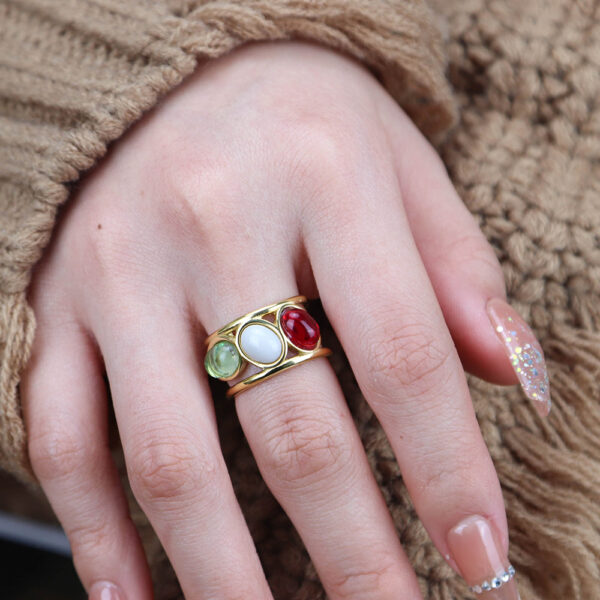 Chris April 316L stainless steel band ring gold colorful gems hollowed-out chunky rings - Image 6