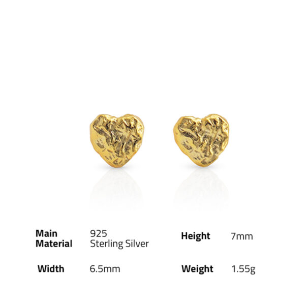 Chris April fine jewelry in stock gold plated 925 Sterling Silver hammer texture heart Stud Earring - Image 6