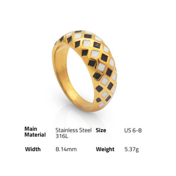 Chris April in stock fashion jewelry PVD gold plated 316L stainless steel non-tarnish checker board enamel ring - Image 6