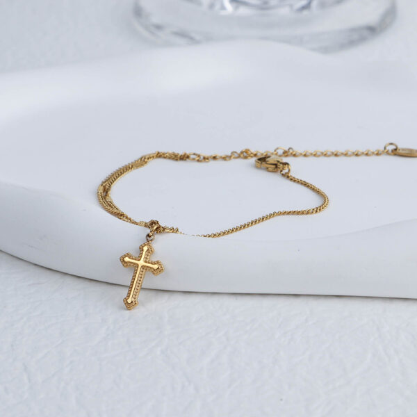 Chris April  in stock 316L stainless steel 18k PVD gold plated vintage cross charm double-layers chain bracelet - Image 4