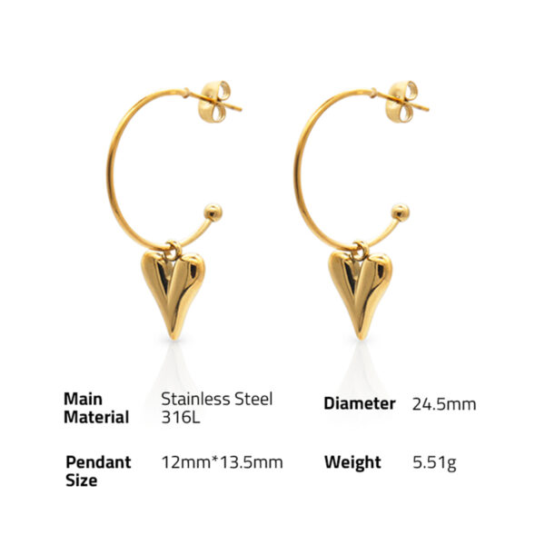 Chris April in stock romantic fashion jewelry 316L Stainless Steel PVD gold plated 3D hearts hoop earring - Image 6