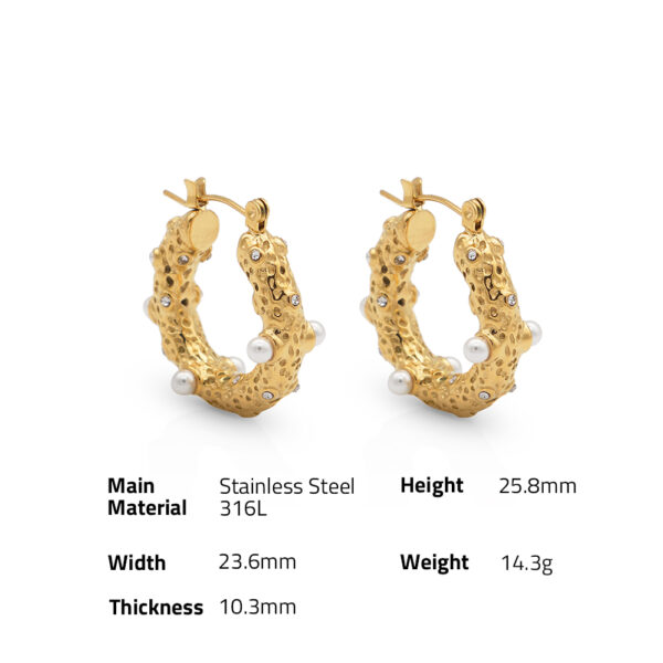 Chris April trendy design 316L stainless steel PVD gold plated pearl zircon bumpy texture hoop huggies earrings - Image 6