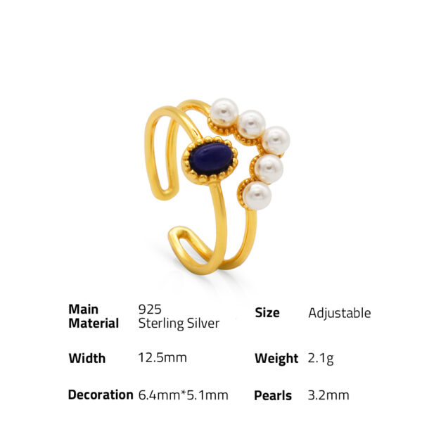 Chris April fine jewelry 925 sterling silver 18k gold plated double-layer shell pearl imitation lapis adjustable  rings - Image 6