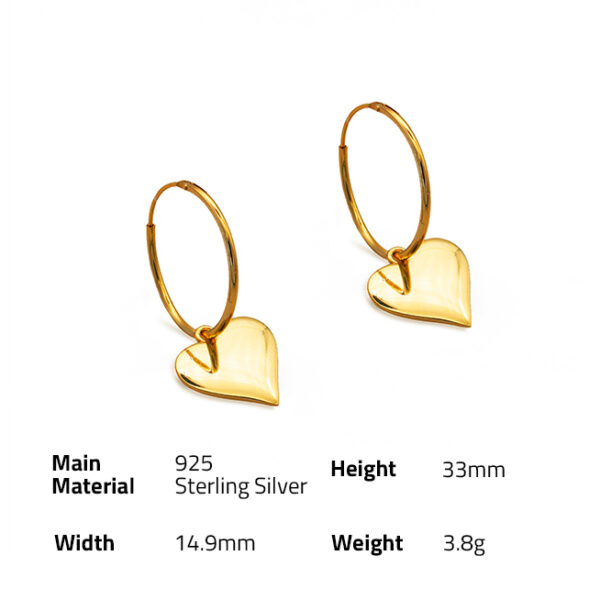 Chris April romantic 925 sterling silver gold plated flat heart pendant dangle earrings - Image 6