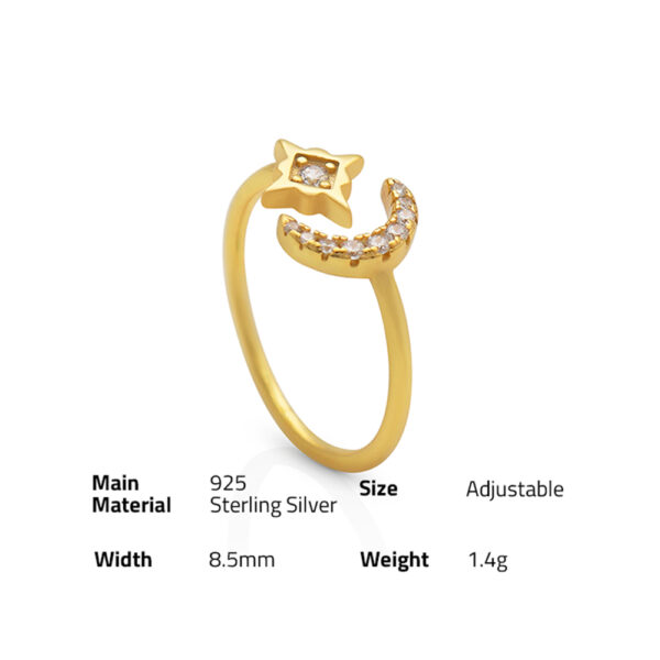 Chris April in stock fashion 925 sterling silver 18K gold plated moon and star rings with zircon - Image 6