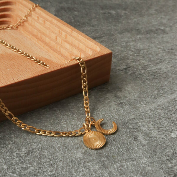 Chris April in stock 316L stainless steel PVD gold plated water resistant sun and moon pendant necklace with figaro chain - Image 4