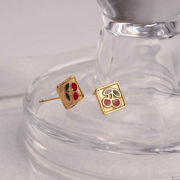 Chris April in stock 18k PVD gold plated 316L stainless steel minimalist square cherry enamel cute stud earrings - Image 4