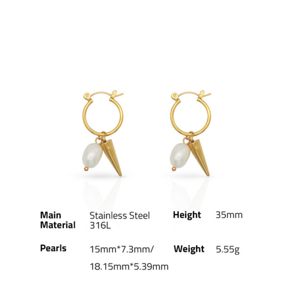 Chris April in stock fashion jewelry 316L stainless steel PVD gold plated Freshwater pearls cone hoop earrings - Image 6