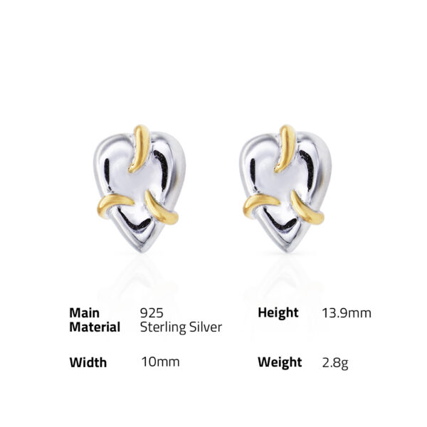 Chris April fine jewelry 925 Sterling Silver rhodium gold plated in stock vintage simple heart two-tone stud earrings - Image 6