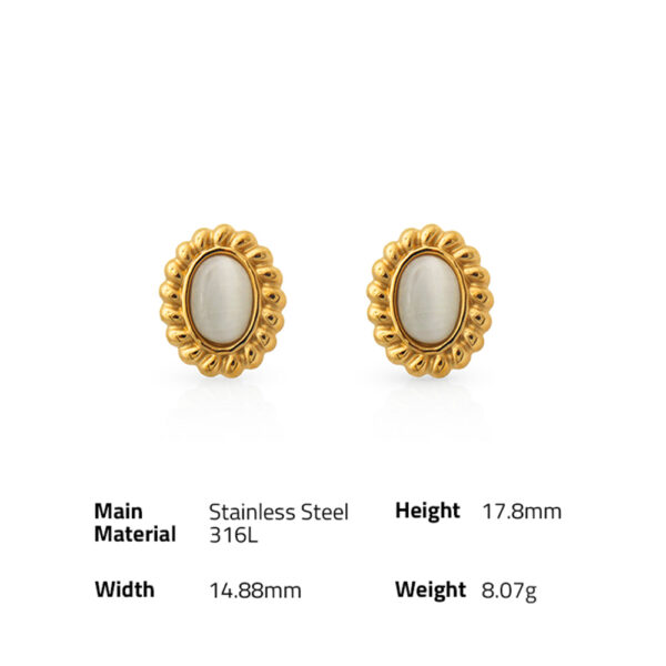 Chris April 316L Stainless Steel PVD plated vintage white cat's eye rope oval stud earrings - Image 6