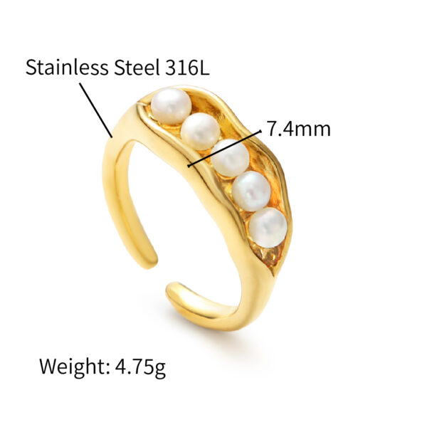 Chris April 316L stainless steel PVD gold plated bean pod freshwater pearls opening ring - Image 3