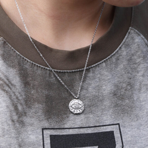 Chris April Low MOQ 316L stainless steel PVD gold plating bumpy texture zircon eye coin pendent necklace - Image 5