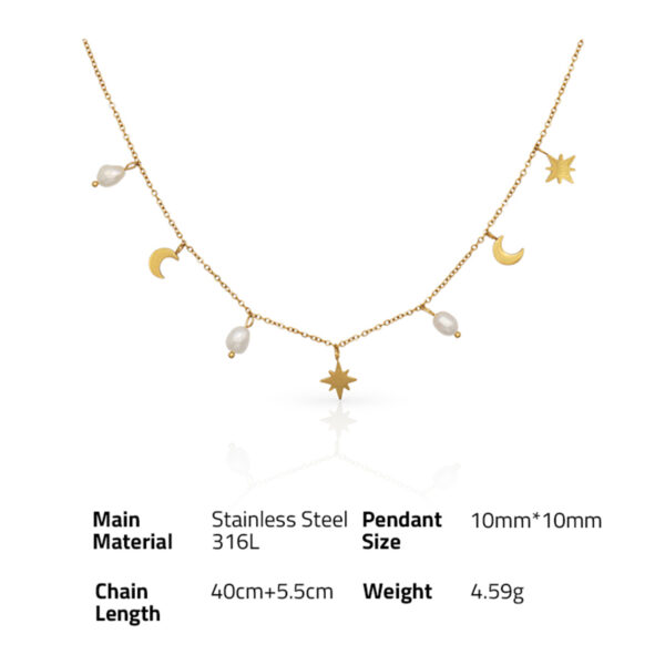 Chris April in stock pvd gold plated 316L Stainless steel  moon and star Freshwater pearls charm necklace for women - Image 6