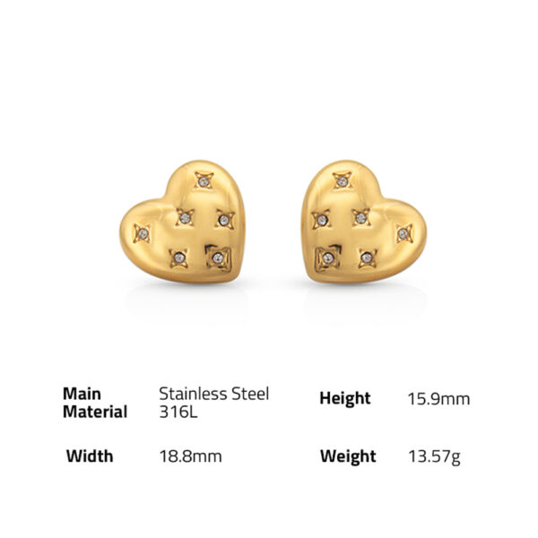 Chris April in stock romantic 316L stainless steel PVD gold plated water resistant heart fully-jewelled stud earring with zircon - Image 6