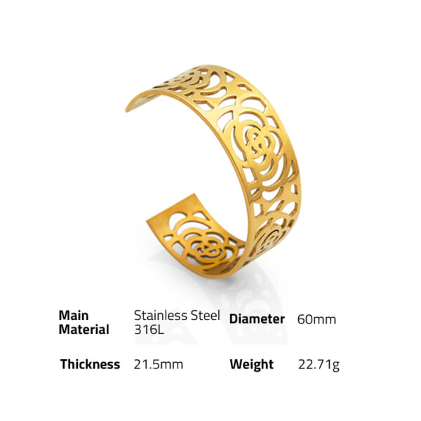 Chris April in stock vintage design 316L stainless steel PVD gold plated camellia bangle cuff bracelet - Image 6