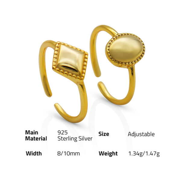 Chris April in stock 925 sterling silver gold plated diamond shape and oval shape adjustable signet rings - Image 6