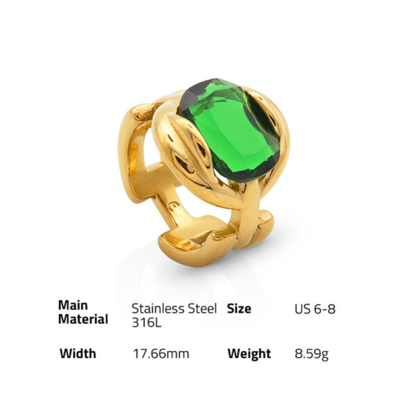 Chris April fashion jewelry PVD gold plated 316L stainless steel non-tarnish zircon emerald gemstone chain ring - Image 6