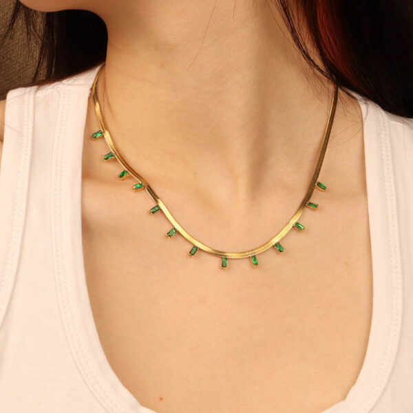 Chris April in stock 316L Stainless steel PVD plated emerald green zircon herringbone chain necklace - Image 3