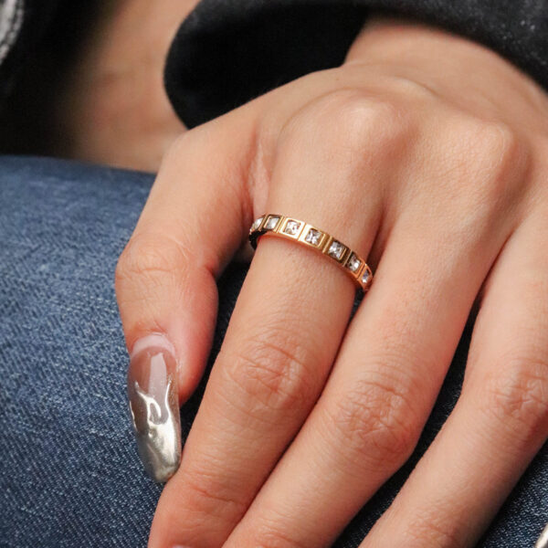 Chris April in stock 316L stainless steel minimalist PVD gold plated fully-jewelled zircon ring - Image 3