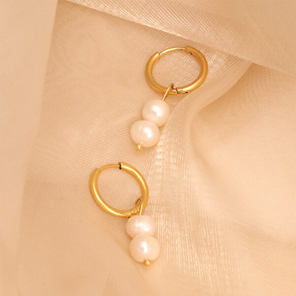 Chris April 316L stainless steel PVD plated gold natural freshwater pearls hoops drop earrings - Image 4