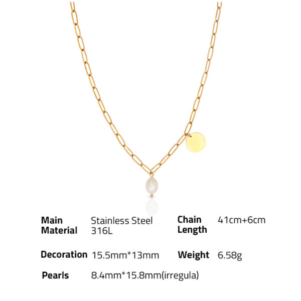 Chris April fashion jewelry PVD gold plated 316L stainless steel cultured baroque pearl necklaces with engravable flake - Image 6