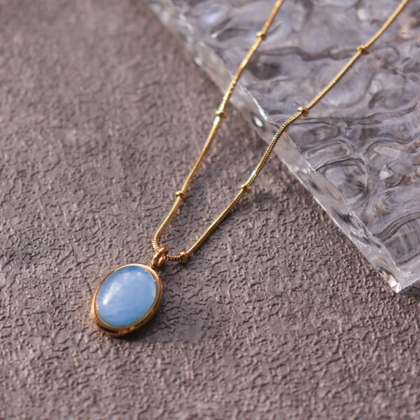 Chris April in stock PVD gold plated 316L stainless steel Minimalist Blue oval aquamarine pendant necklaces with snake chain - Image 4