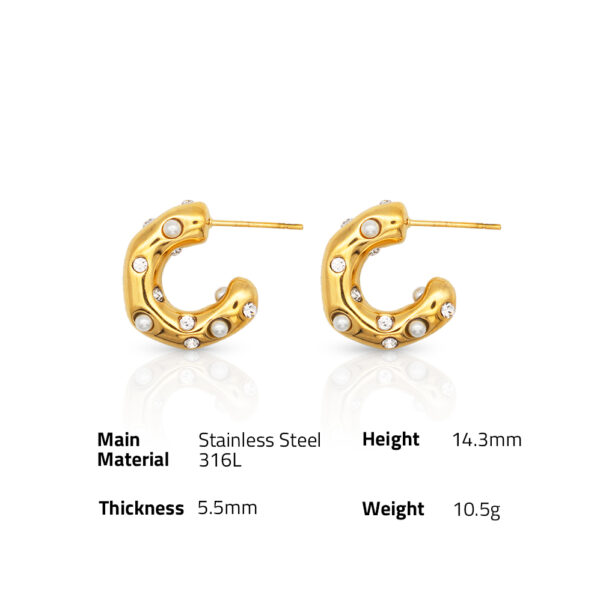 Chris April in stock 18k PVD gold plated 316L stainless steel glossy pearl zircon hoop stud earrings for women - Image 6