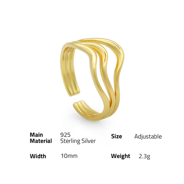 Chris April fine jewelry 925 sterling silver 18k gold plated wavy muti-layers line stackable adjustable finger rings - Image 6