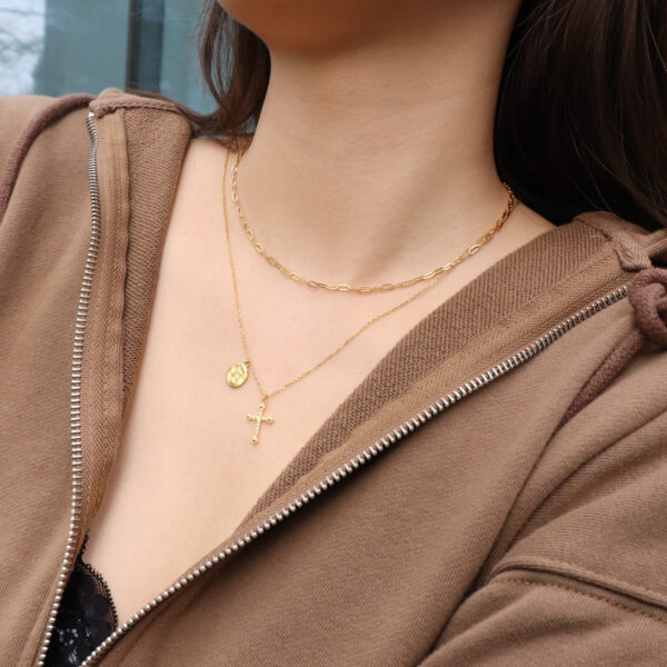 Chris April minimalist In stock 925 sterling silver gold plated long chain matt cross and bumpy pendant necklace - Image 3