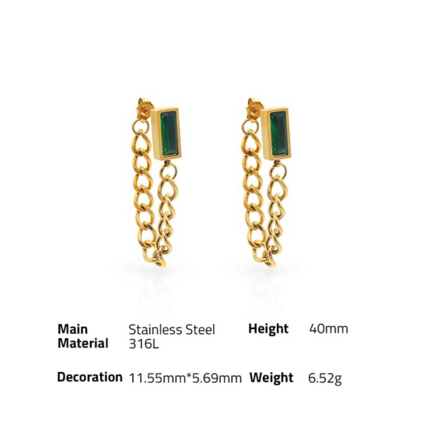 Chris April In Stock Fashion Jewelry 316L Stainless Steel PVD gold plated minimalist Emerald zircon tassels chain earrings - Image 6