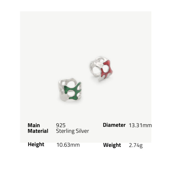 Chris April in stock 925 sterling silver minimalist organic shape green and red enamel ear cuff earrings - Image 6