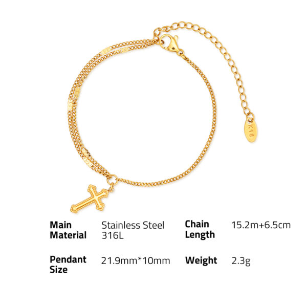 Chris April  in stock 316L stainless steel 18k PVD gold plated vintage cross charm double-layers chain bracelet - Image 6