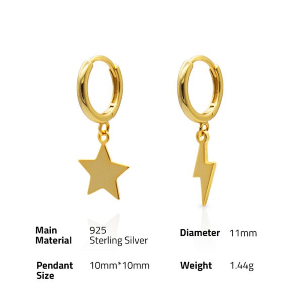 Chris April fine jewelry in stock 925 Sterling Silver Gold plated star moon and lightning huggie earrings - Image 6