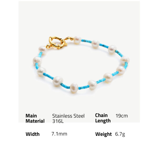 Chris April 316L stainless steel 18k PVD gold plated freshwater pearl natural turquoise beads rudder clasp bracelet - Image 6