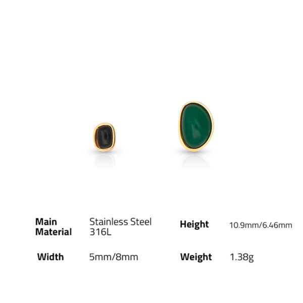 Chris April Asymmetry design 316L stainless steel pvd gold plated water-proof black&green chalcedony gemstone stud earrings - Image 6