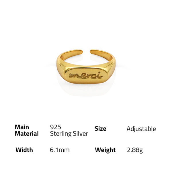 Chril april 925 sterling silver 18k gold plated merci letters alphabets square signet resizable rings - Image 6