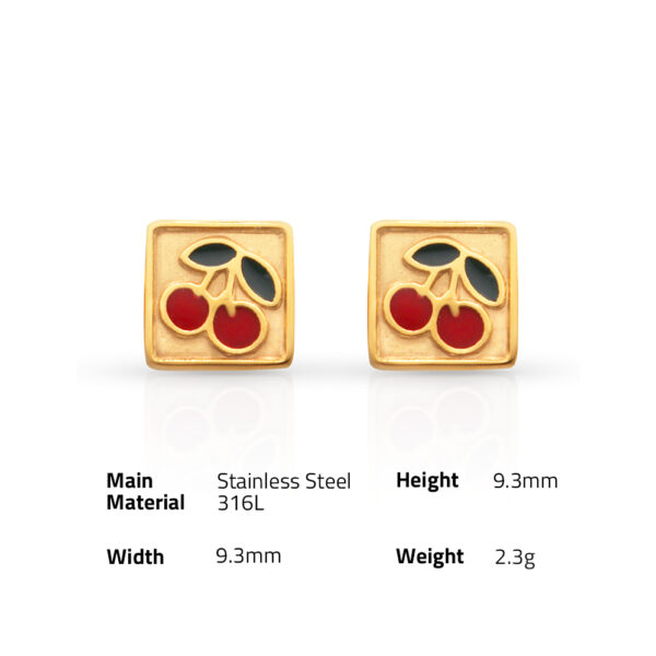 Chris April in stock 18k PVD gold plated 316L stainless steel minimalist square cherry enamel cute stud earrings - Image 6