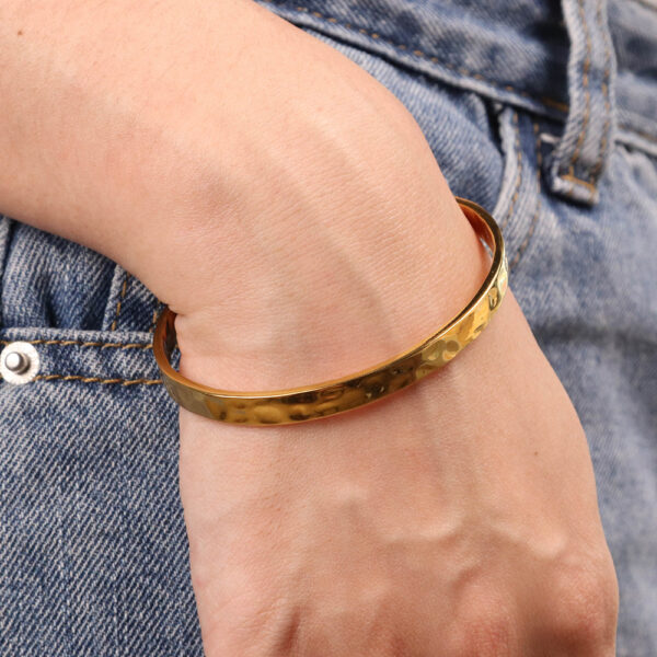 Chris April minimalist 316L stainless steel PVD gold plated trendy bumpy texture organic open cuff bracelets - Image 3