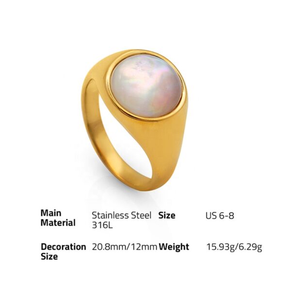 Chris April fashion jewelry in stock PVD gold plated 316L stainless steel water proof natural white shell signet ring - Image 6