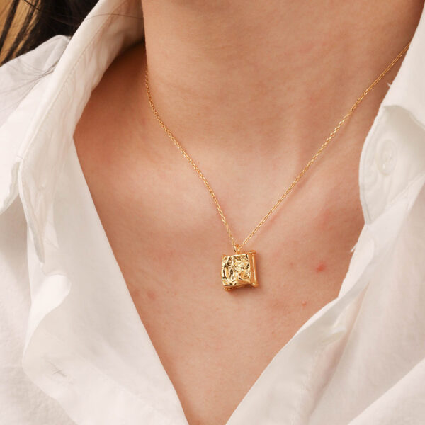 Chris April  925 silver  18k gold plated e-coating square bumpy texture pendant chain necklace - Image 3