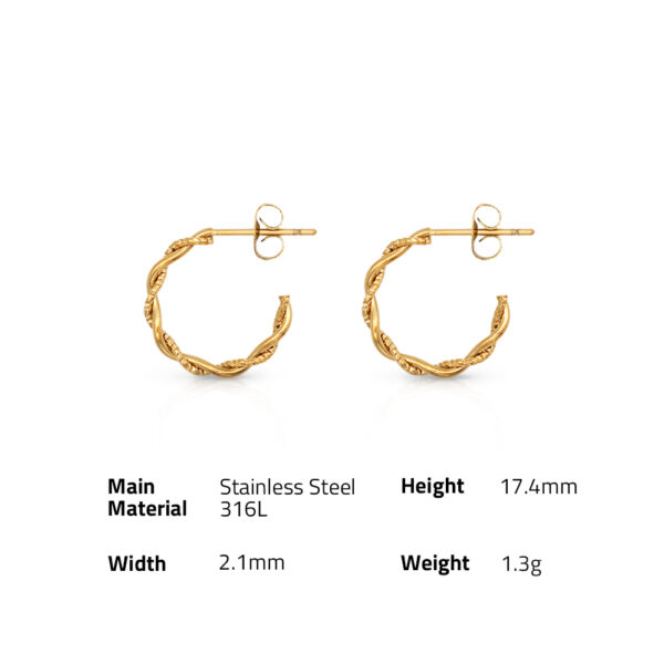 Chris April Anti-tarnish 316L stainless steel 18k PVD gold plated spiral rope twist hoops stud earrings - Image 6